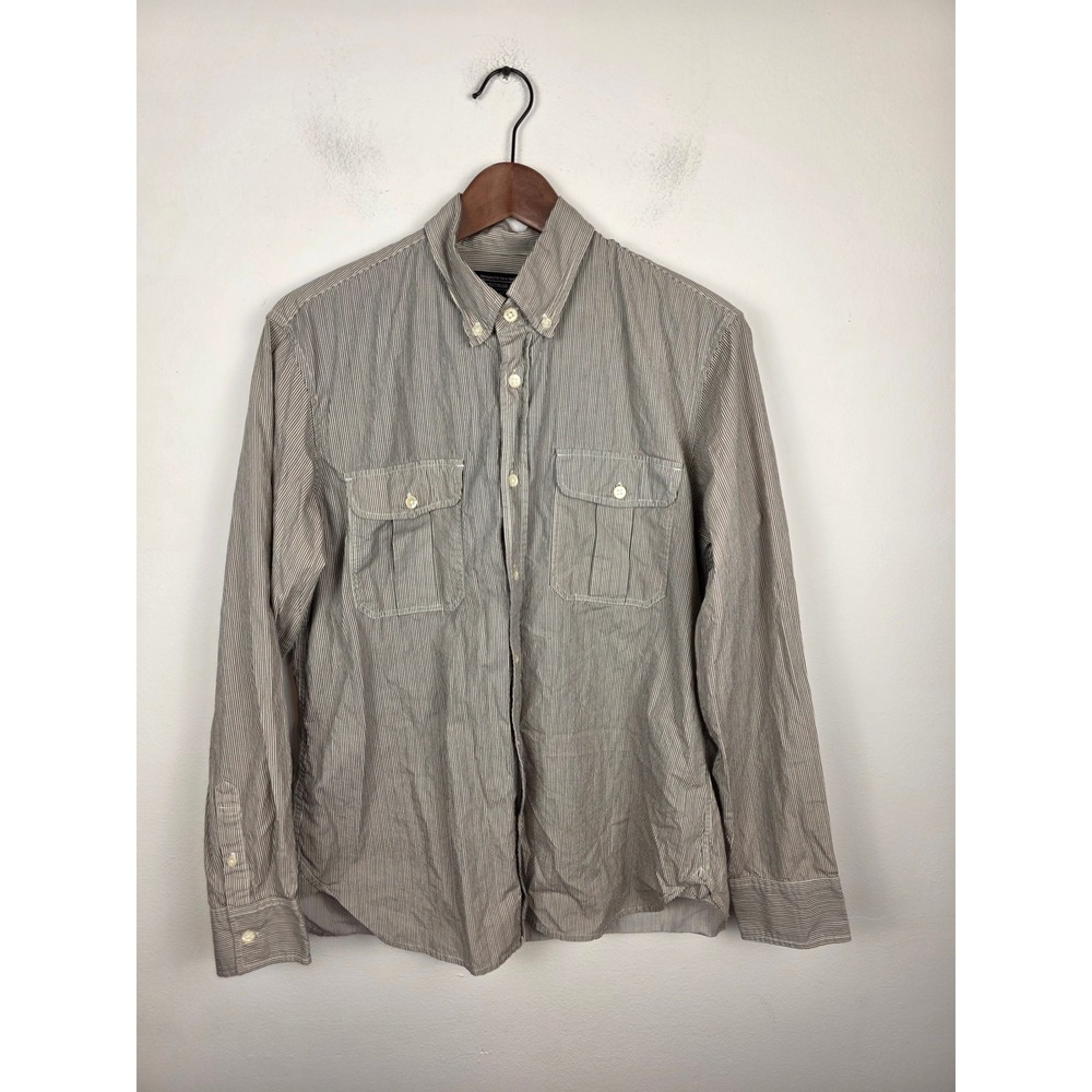 The J. Peterman Company Mens Large Grey White Micro Stripe Cotton Button Shirt